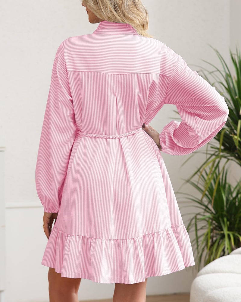 YEXPINE Women Striped Shirt Mini Dress Long Sleeve Button Down Lapel Collared Ruffle Hem Tunic Belted Dresses Pink - Image 5
