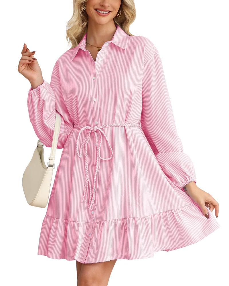 YEXPINE Women Striped Shirt Mini Dress Long Sleeve Button Down Lapel Collared Ruffle Hem Tunic Belted Dresses Pink - Image 1