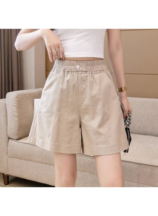Women's High-Waisted Shorts, Loose-Fit A-Line Sweatpants, Solid Color with a Loose Hem, Elastic Waistband with Button Accents and Pockets, Breathable, Versatile, and Simple Bottoms, Perfect for Daily Commutes, Home Relaxation, Yoga, and Walking, Khaki