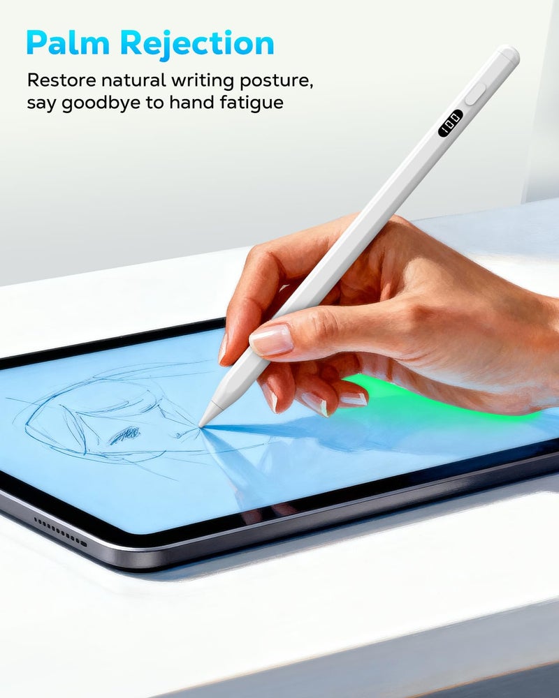 MoKo Stylus Pen for iPad 2018-2025, USB-C Fast Charging Pencil with LED Power Display Tilt Sensitivity for Apple iPad A16/11/10/9/8/7/6, Air 7/6/5/4/3/M3/M2, Pro 13"/12.9"/11"/M4, Mini 7/6/5, White - Image 4