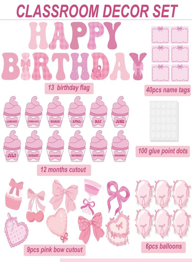 Mooliwe 80pcs Pink Bow Birthday Bulletin Board Set Pink Classroom Happy Birthday Decor Bow Cutouts Calendar Board for Classroom School Wall Decor - Image 2