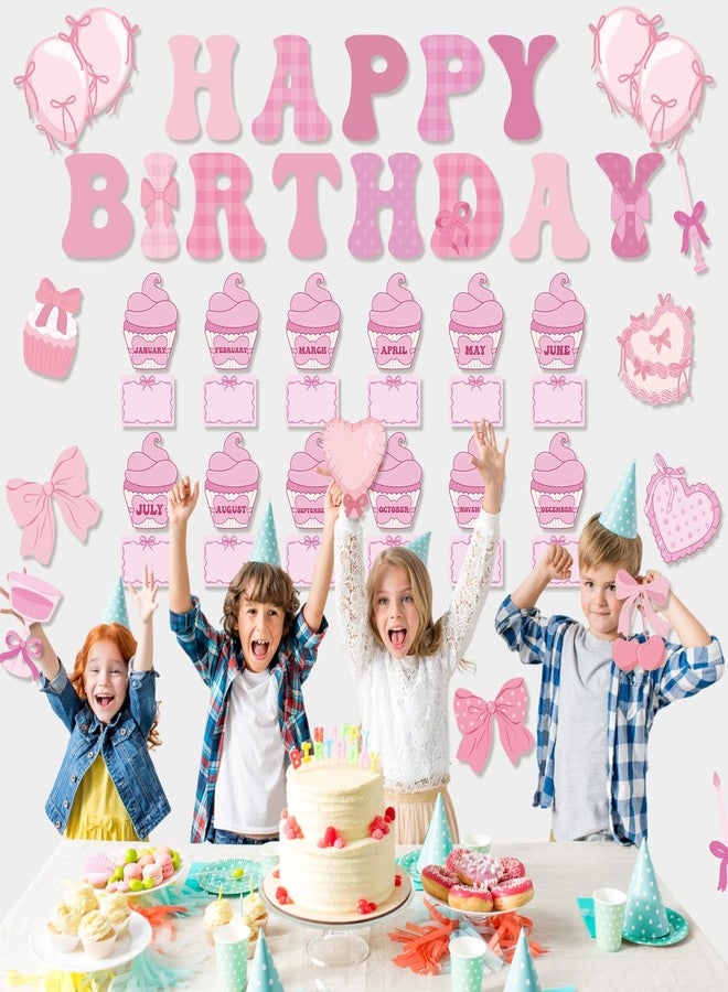 Mooliwe 80pcs Pink Bow Birthday Bulletin Board Set Pink Classroom Happy Birthday Decor Bow Cutouts Calendar Board for Classroom School Wall Decor - Image 5
