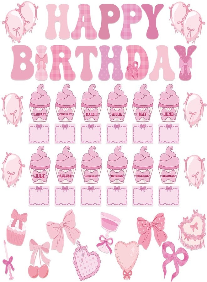 Mooliwe 80pcs Pink Bow Birthday Bulletin Board Set Pink Classroom Happy Birthday Decor Bow Cutouts Calendar Board for Classroom School Wall Decor - Image 1