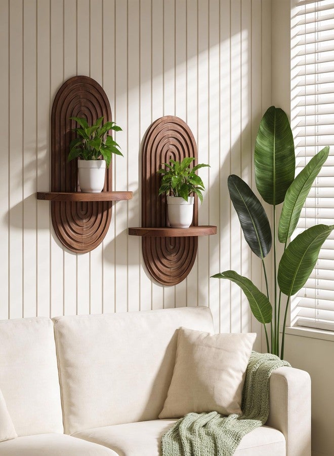 Heiple Set of 2 Boho Arched Floating Shelves 15.7”x 7.8”3D Wooden Hanging Shelf for Living Room Bedroom Nursery Mid Century Modern Wall Decor(Dark Brown, 11.7 * 15.7) - Image 2