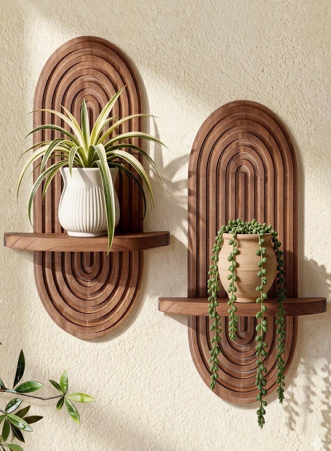 Heiple Set of 2 Boho Arched Floating Shelves 15.7”x 7.8”3D Wooden Hanging Shelf for Living Room Bedroom Nursery Mid Century Modern Wall Decor(Dark Brown, 11.7 * 15.7) - Image 1