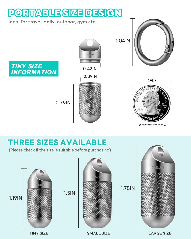 TISUR Titanium Keychain Pill Holder Small Metal Pill Case, Pill Organizer Portable Waterproof Pill Container, Travel Pill Bottle Box for Purse (Tiny-0.39inch) - Image 2