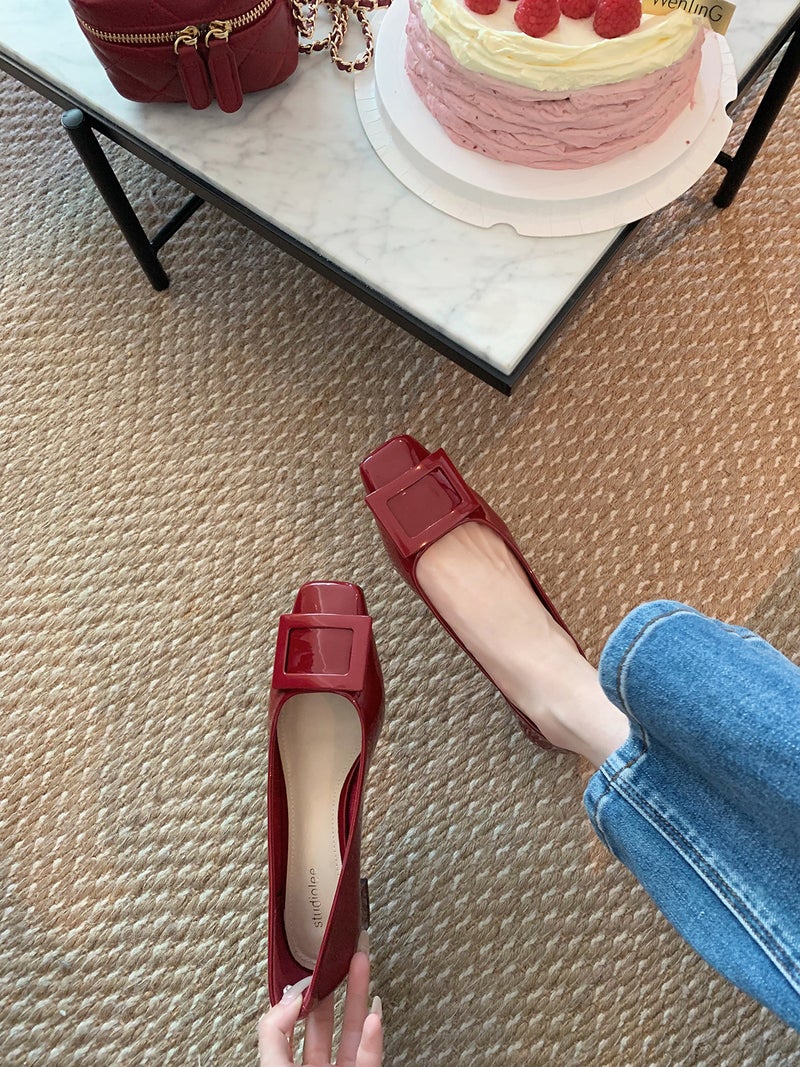 Grape Mom Studiolee_Classic Square Buckle Commuter Chunky Heel Gentle Style Square Toe Elegant Elegant Single-Layer Shoes High Heels - Image 1