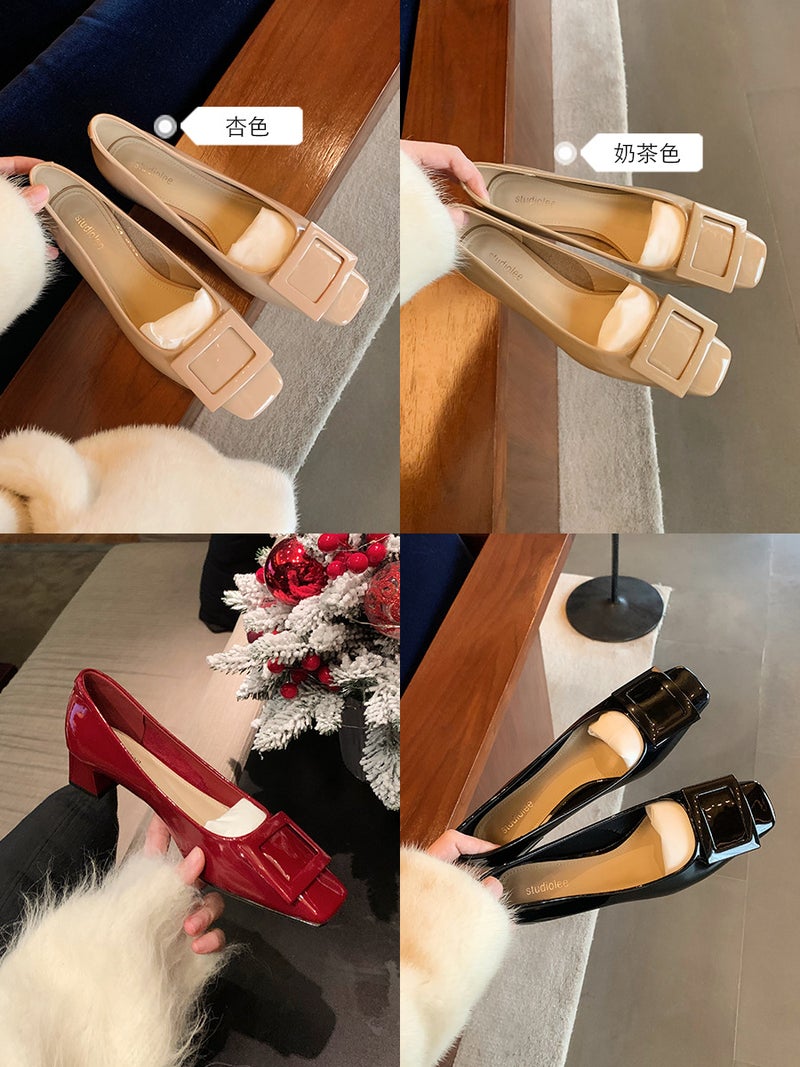 Grape Mom Studiolee_Classic Square Buckle Commuter Chunky Heel Gentle Style Square Toe Elegant Elegant Single-Layer Shoes High Heels - Image 3