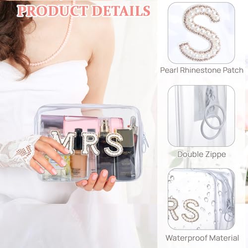 Etercycle MRS Clear Cosmetic Bag, Bachelorette Gifts for Bride Makeup Bag, Portable PVC Travel Toiletry Bag Bling Pearl Rhinestone Patch Letter Bags for Engagement Party Women Wedding Bridal (Gold) - Image 5