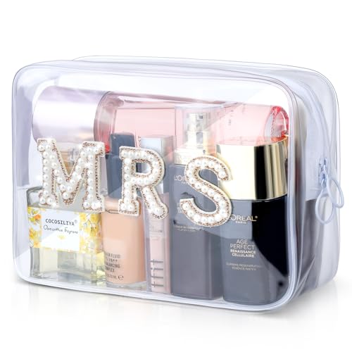 Etercycle MRS Clear Cosmetic Bag, Bachelorette Gifts for Bride Makeup Bag, Portable PVC Travel Toiletry Bag Bling Pearl Rhinestone Patch Letter Bags for Engagement Party Women Wedding Bridal (Gold) - Image 1