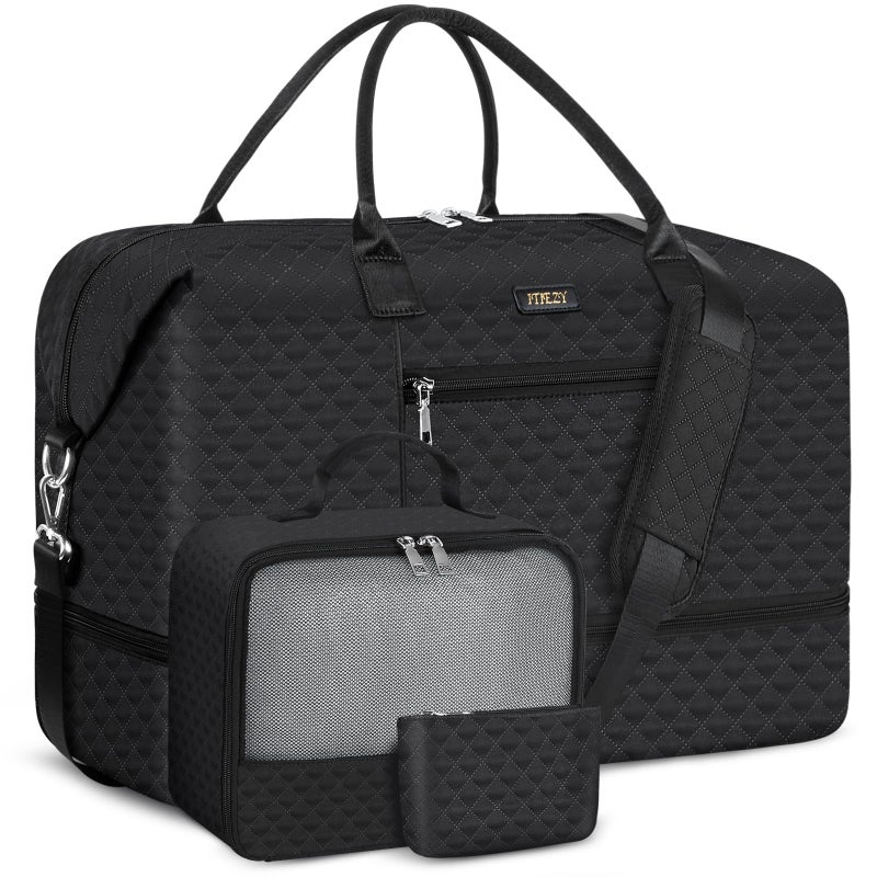 ITIEZY Weekender Bag for Women, Travel Duffel Bag Carry On Overnight Bag with Shoe Compartment Large Nylon Travel Weekend Tote Bag, 9a-black, L - Image 1