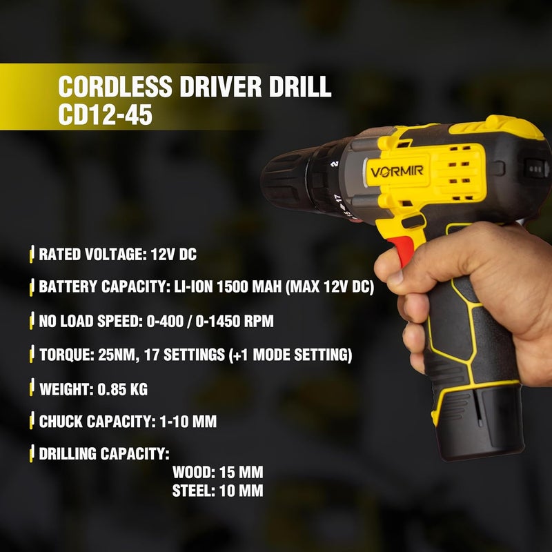 iBELL VORMIR VR CD1245 Cordless Drill Driver 2 Batteries 12V 040001450 rpm 25Nm Torque 10 mm Chuck1500mAh LiIon Batteries Fast Charger 31 Accessories in BMC Box Compact Design - Image 3