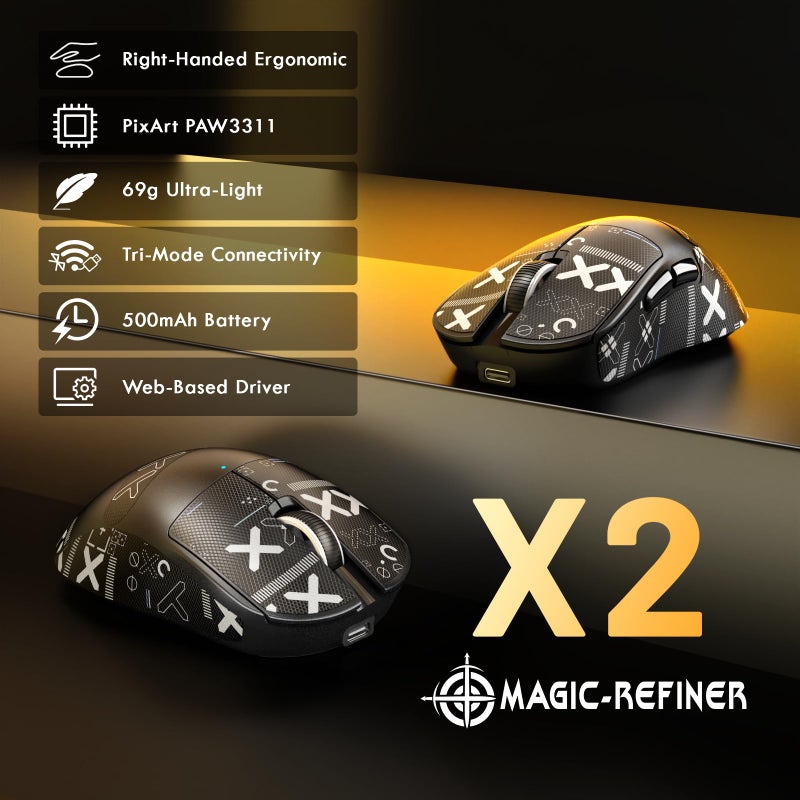 MAGIC-REFINER X2 Superlight Wireless Gaming Mouse,BK3633 Tri-Mode BT/2.4G Wireless/Wired Mouse with Grip Tape,25000DPI,1000Hz Polling Rate,500mAh,Large Size,5 Programmable Buttons for Pc/Mac,Black PRO - Image 2