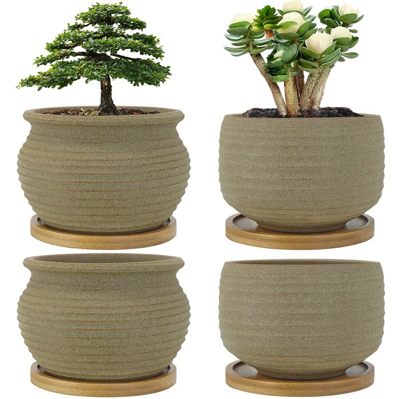MUZHI Rustic Small Plant Bonsai Pot with Bamboo Tray Set of 4 Unglazed Ceramic Cactus Planter Pot Indoor with Drainage Hole 4Inch 5Inch