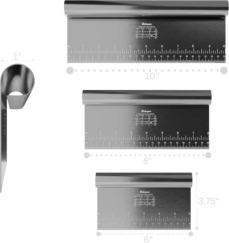 Bakerpan Stainless Steel Heavy Duty Dough Cutter, 3 Size Set - Metal Bench Scraper Kitchen Utensils, Chopper, Pizza and Pastry Cutter Tool, 10, 8, 6 Inch - Image 2
