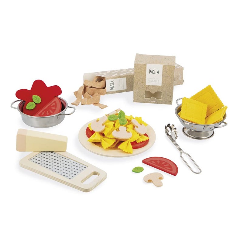 Janod Pasta Mix Pasta Set Pretend Play Kitchen Tea Set Toy 58 Wooden Cardboard and Felt Pieces Included WaterBased Paints 3 Years J06598 - Image 2
