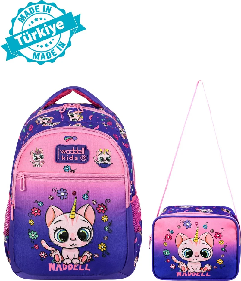 Waddell Licensed Purple Pink Cat Patterned Primary School Girl Backpack and Lunch Bag