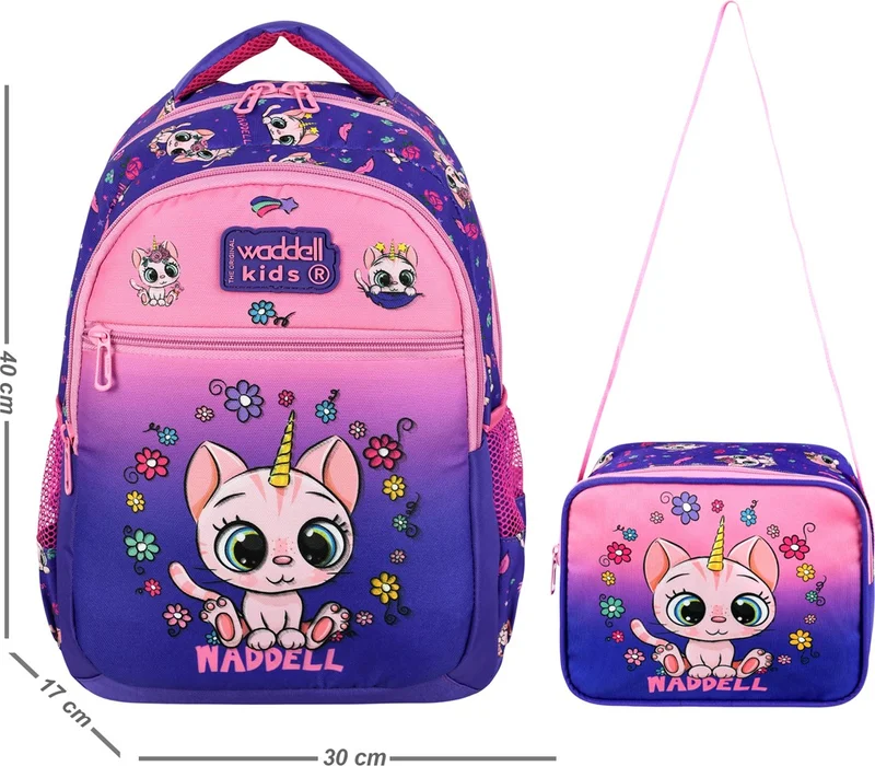 Waddell Licensed Purple Pink Cat Patterned Primary School Girl Backpack and Lunch Bag