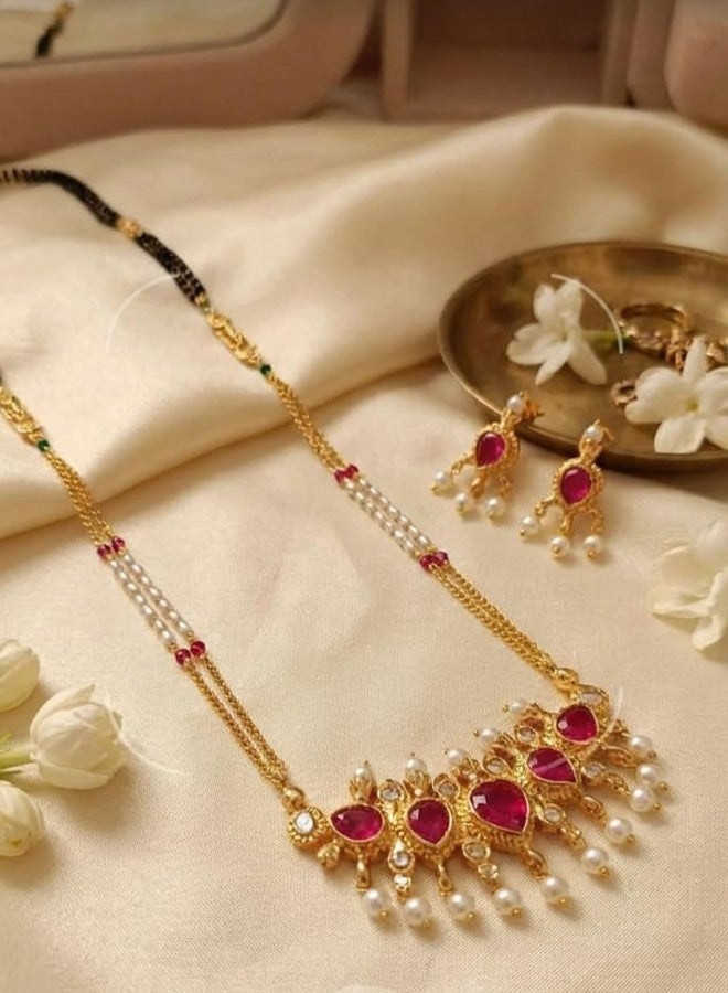 AAIKU Traditional Gold-Plated Ruby Stone Tanmani Pendant Mangalsutra Set | Designer Pearl Drop Double-Chain Mangalsutra with Matching Earrings for Women | 36-Inch Micro-Polish Finish - Image 5