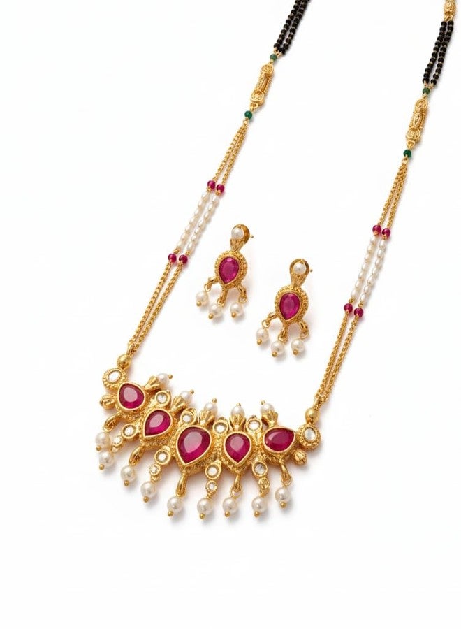 AAIKU Traditional Gold-Plated Ruby Stone Tanmani Pendant Mangalsutra Set | Designer Pearl Drop Double-Chain Mangalsutra with Matching Earrings for Women | 36-Inch Micro-Polish Finish - Image 1