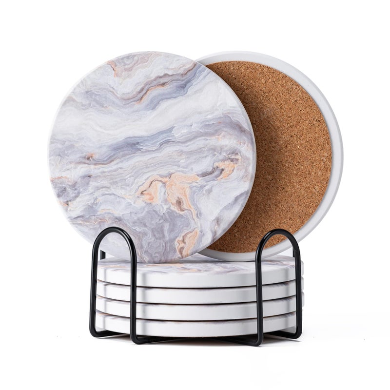 Hoewina 6Pcs Drink Coasters With Holder  Marble Style Ceramic Drink Coaster  Absorbent Coasters Set Suitable For Kinds Of Cups  Modern Style Coasters For Coffee Table  4 Inches(Style 8) - Image 1