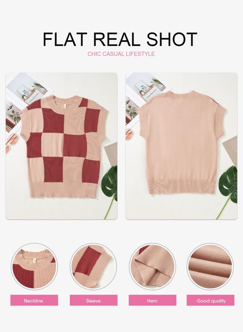 EVALESS Short Sleeve Sweater for Women Round Neck Color Block Knit Blouses 2026 Summer Fall Fashion Tops Checkered Cap Sleeve Lightweight Sweaters Vest Women's Clothing Red Large - Image 5