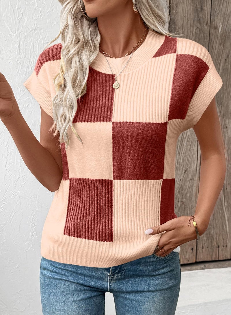 EVALESS Short Sleeve Sweater for Women Round Neck Color Block Knit Blouses 2026 Summer Fall Fashion Tops Checkered Cap Sleeve Lightweight Sweaters Vest Women's Clothing Red Large - Image 2