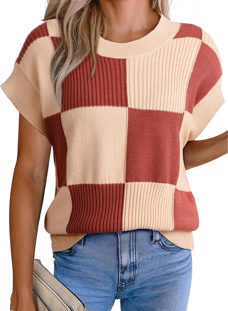 EVALESS Short Sleeve Sweater for Women Round Neck Color Block Knit Blouses 2026 Summer Fall Fashion Tops Checkered Cap Sleeve Lightweight Sweaters Vest Women's Clothing Red Large - Image 1