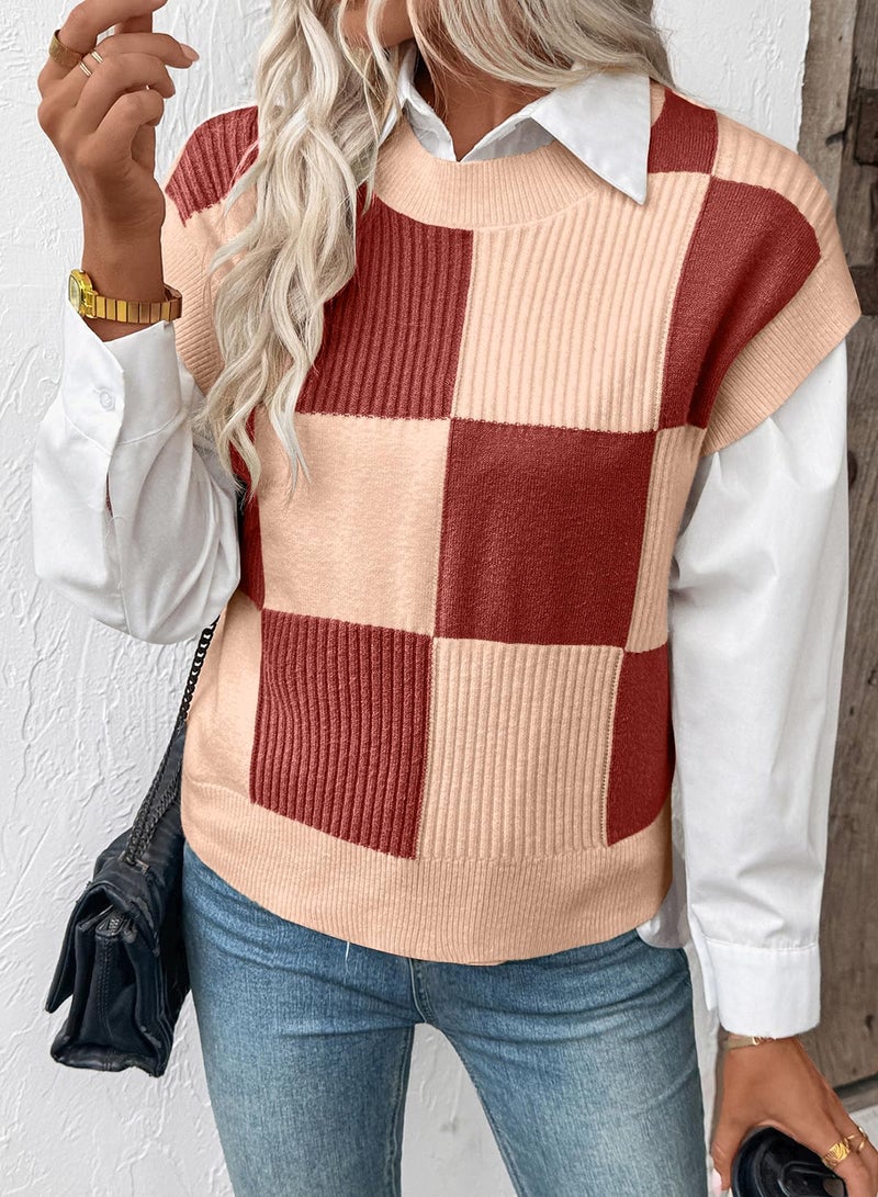 EVALESS Short Sleeve Sweater for Women Round Neck Color Block Knit Blouses 2026 Summer Fall Fashion Tops Checkered Cap Sleeve Lightweight Sweaters Vest Women's Clothing Red Large - Image 4
