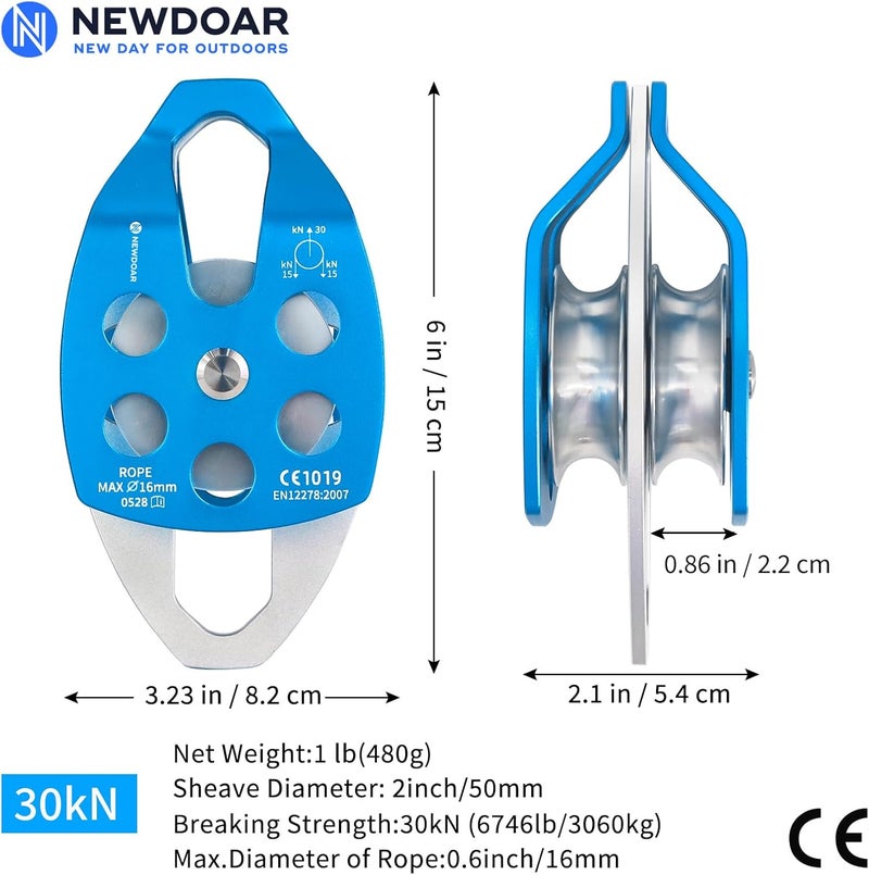 Newdoar 30 KN CE Certified Large Rescue Pulley Single/Double Sheave with Swing Plate - Image 2