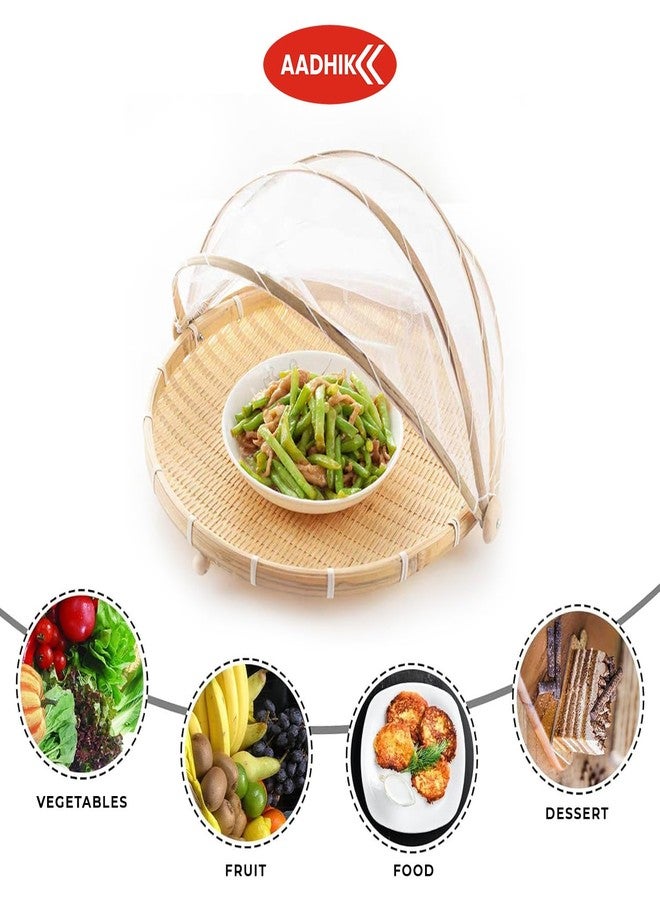 AADHIK Fruit Basket Bamboo with Pop-Up Mesh Cover | Vegetable Storage Organizer | Kitchen Accessories | Round Breathable Basket with Net Lid | Dining Table Fresh Fruit Holder Mosquito Protection - Image 4
