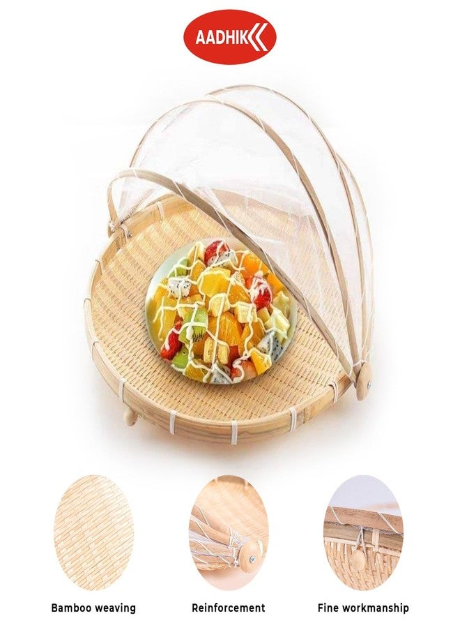AADHIK Fruit Basket Bamboo with Pop-Up Mesh Cover | Vegetable Storage Organizer | Kitchen Accessories | Round Breathable Basket with Net Lid | Dining Table Fresh Fruit Holder Mosquito Protection - Image 2