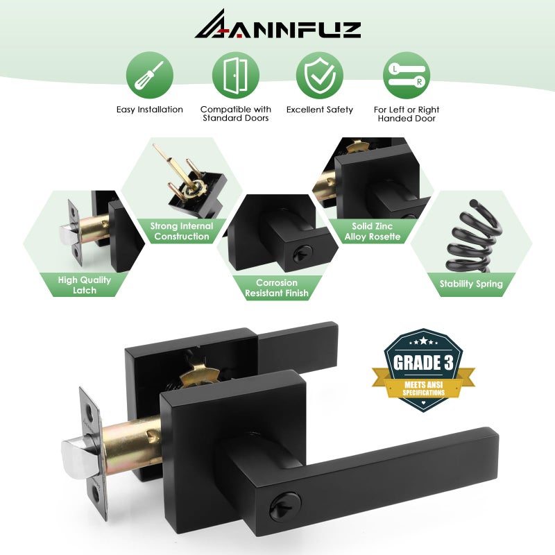 Annfuz Entry Door Handle With Lock And Keys Front Door Exterior Door Lever Not Alike Keys Reversible Lever For Right & Left Side For Front Entrance And Bedrooms Matte Black - Image 2