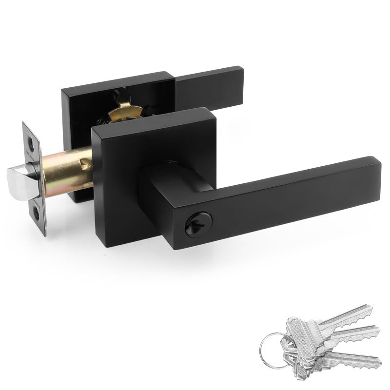 Annfuz Entry Door Handle With Lock And Keys Front Door Exterior Door Lever Not Alike Keys Reversible Lever For Right & Left Side For Front Entrance And Bedrooms Matte Black - Image 1