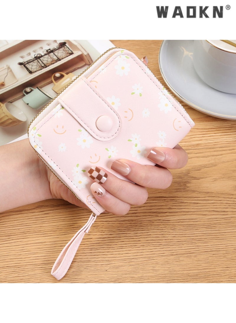 WAOKN Fashionable Korean-style Daisy Watercolor Art Print Short Women's Zippered Wallet, Delicate and Compact with Multiple Card Slots and Coin Compartment（Pink）  - Image 1