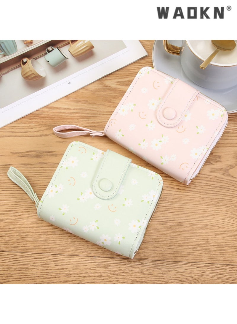 WAOKN Fashionable Korean-style Daisy Watercolor Art Print Short Women's Zippered Wallet, Delicate and Compact with Multiple Card Slots and Coin Compartment（Pink）  - Image 4