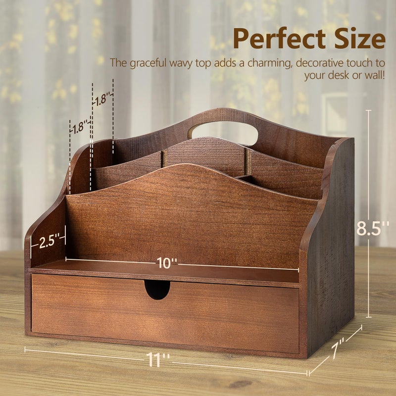 Rebee Vision Pine Wood Mail Organizer for Desk - Rustic Mail Sorter with Drawer & Dividers - 4-Slot Mail Sorter for Letters, Files & Small Essentials - Wooden Desk Organizer for Farmhouse Home Decor (Brown) - Image 2