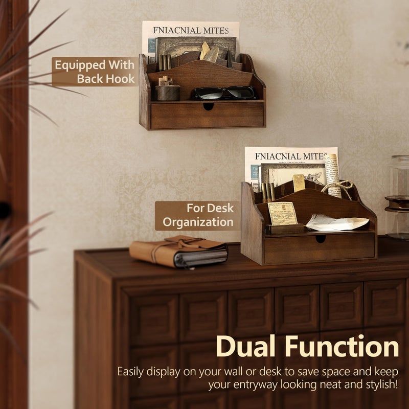 Rebee Vision Pine Wood Mail Organizer for Desk - Rustic Mail Sorter with Drawer & Dividers - 4-Slot Mail Sorter for Letters, Files & Small Essentials - Wooden Desk Organizer for Farmhouse Home Decor (Brown) - Image 4