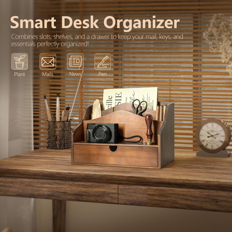 Rebee Vision Pine Wood Mail Organizer for Desk - Rustic Mail Sorter with Drawer & Dividers - 4-Slot Mail Sorter for Letters, Files & Small Essentials - Wooden Desk Organizer for Farmhouse Home Decor (Brown) - Image 3