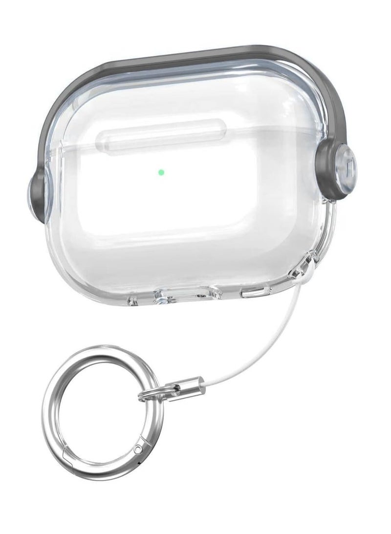 Protective Case for Airpods Pro 2nd (2022/2023) Cover Shockproof, Wireless Charging Case with Safety Lock and Keychain, Anti-Fall Protective Cover (Clear - Gray)