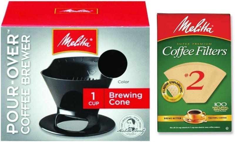 Melitta Pour Over Coffee Cone Brewer  2 Filter Natural Brown Combo Set Black - Image 1