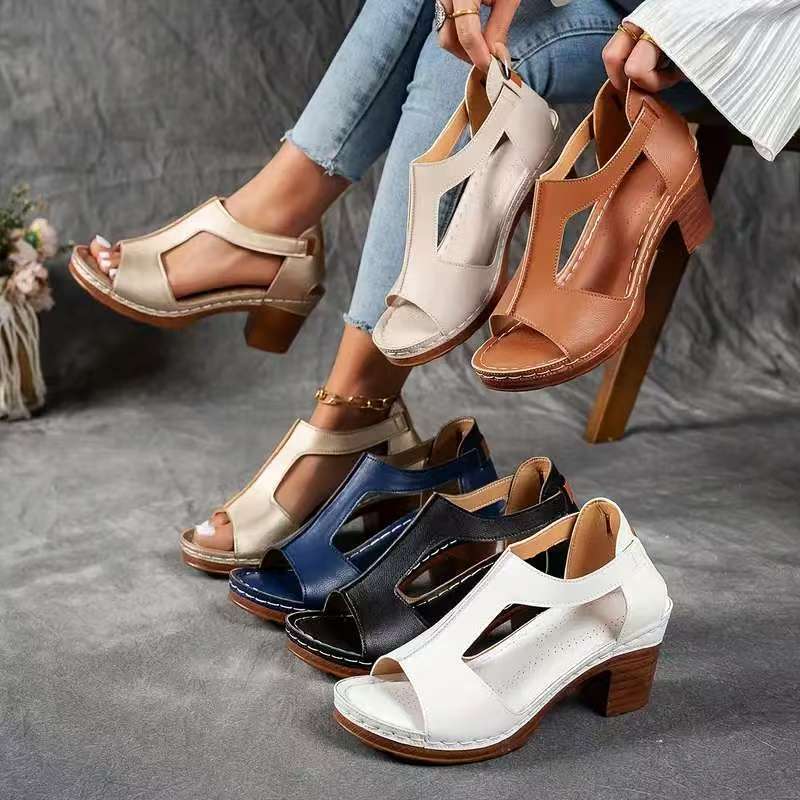 Style 2025 Export Large Size Sandals For Women With Stitching Breathable Velcro Cut Out Wedge Sandals For Women - Image 2