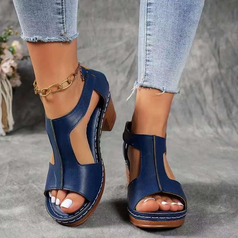 Style 2025 Export Large Size Sandals For Women With Stitching Breathable Velcro Cut Out Wedge Sandals For Women - Image 5