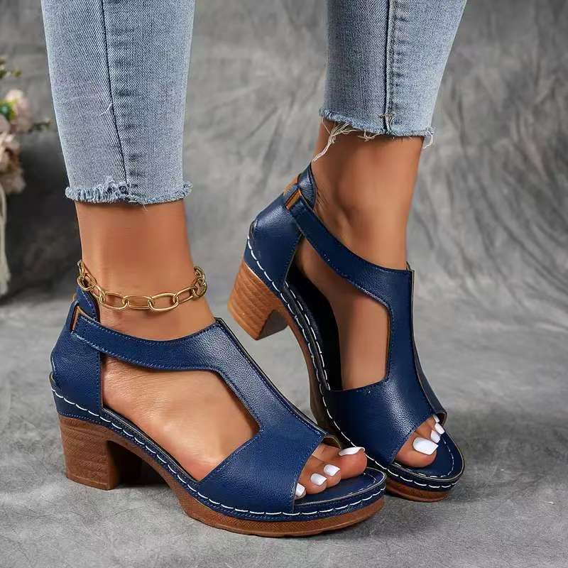 Style 2025 Export Large Size Sandals For Women With Stitching Breathable Velcro Cut Out Wedge Sandals For Women - Image 1