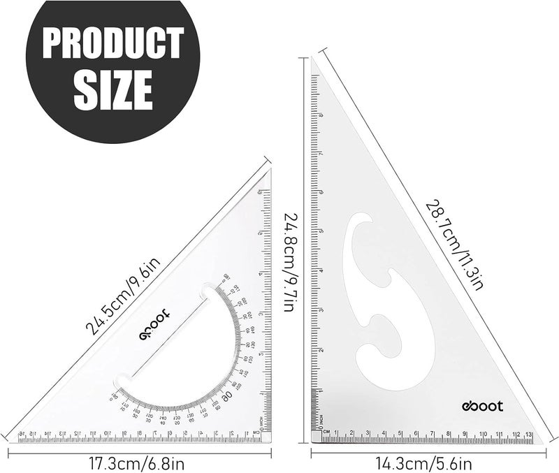 eBoot مجموعة مساطر مثلثية بلاستيكية شفافة كبيرة من EBOOT - 2 قطعة، زوايا 3060 و 4590 درجة، أداة رسم وتصميم، للمكتب والمدرسة - Image 2