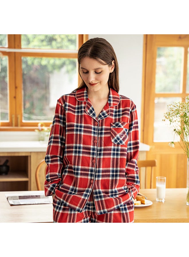 MEIBIAO American Standard Pure Cotton Pajamas Men Autumn Woven Cotton Brushed Couple 100% Cotton Long Sleeve Women's Homewear Red M - Image 2