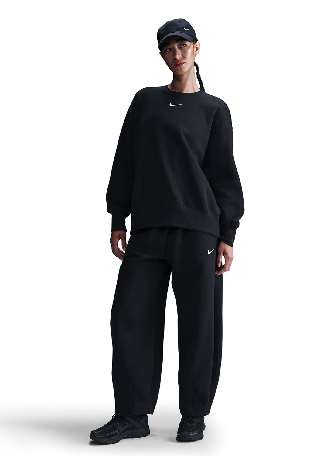 nike mini swoosh oversized boxy sweatshirt in black