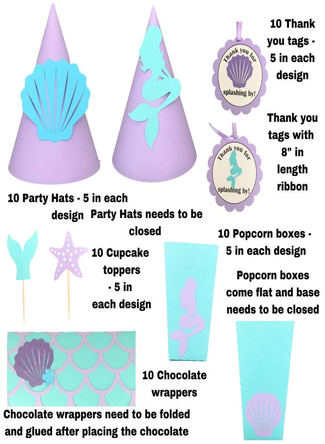 PINFLIERS 1st Birthday Decoration for Girls, Mermaid Theme Birthday Decorations,Paper Party Hats,Chocolate wrapper,Popcorn tubs|Boxes for kids,Thank you tags,Cupcake toppers, A kit of 50,Multicolor - Image 4