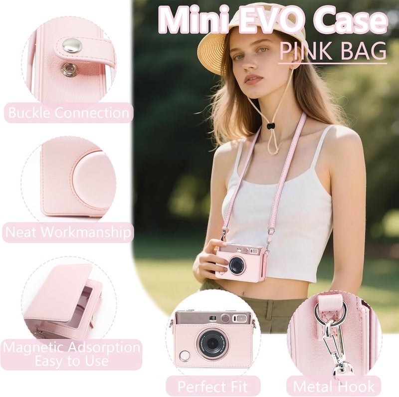 حقيبة كاميرا متوافقة مع Fujifilm Instax Mini EVO، حقيبة واقية باللون الوردي الفاتح مع حزام كتف، حقيبة تخزين ضيقة المقاس مرن ومقاوم للانحناء - Image 3