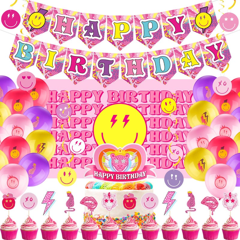 Remerry 111 Pcs Preppy Birthday Decorations Preppy Party Decorations Pink Smile Face Party Supplies Set Pink Happy Birthday Banner Balloon Stickers Toppers for Smile Happy Face Y2k Decoration - Image 2